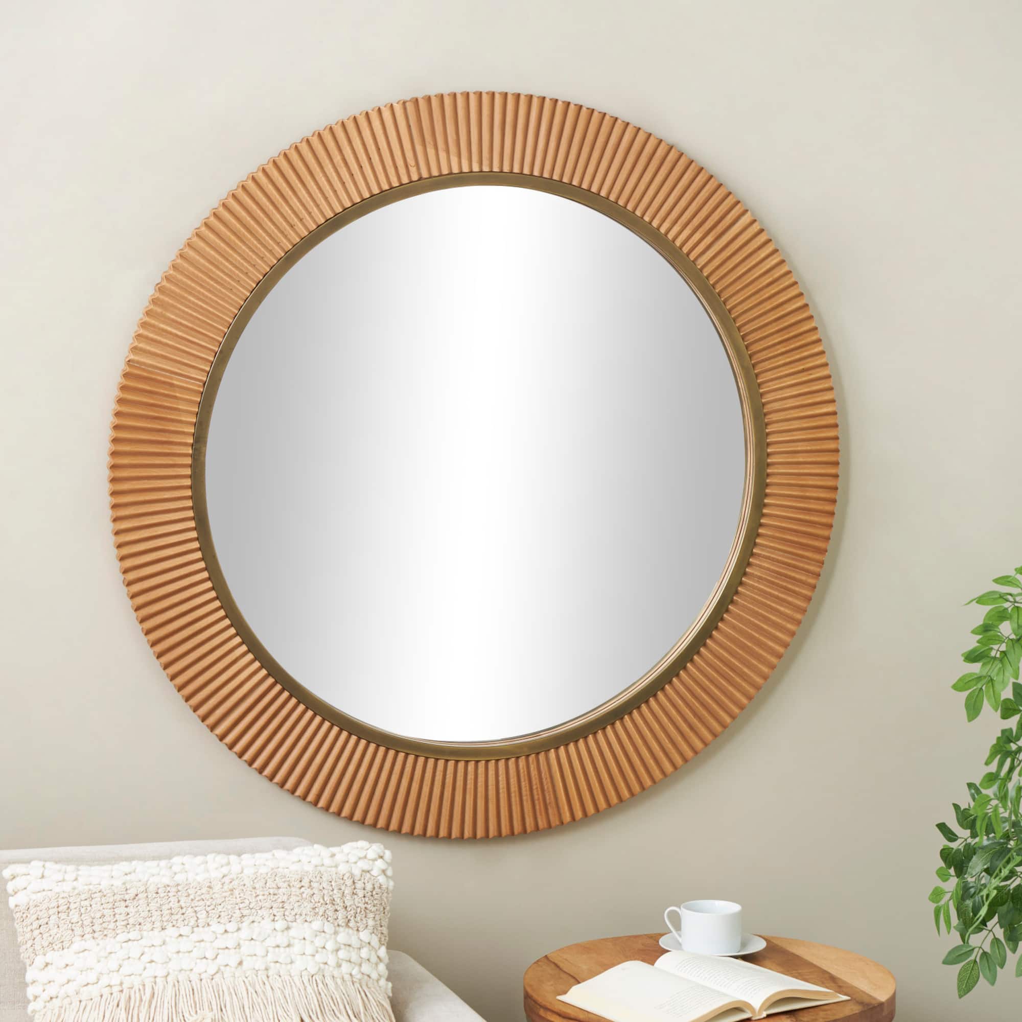 43" Brown Wood Fluted Room Wall Mirror with Scalloped Edge